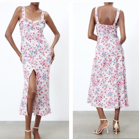 Zara Linen Multicolored Floral Midi Front Slit Dress Size M - Picture 1 of 16